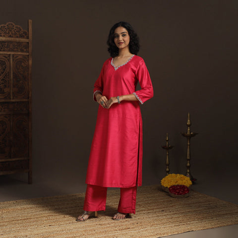 Red - pink - slub silk hand embroidered straight plain