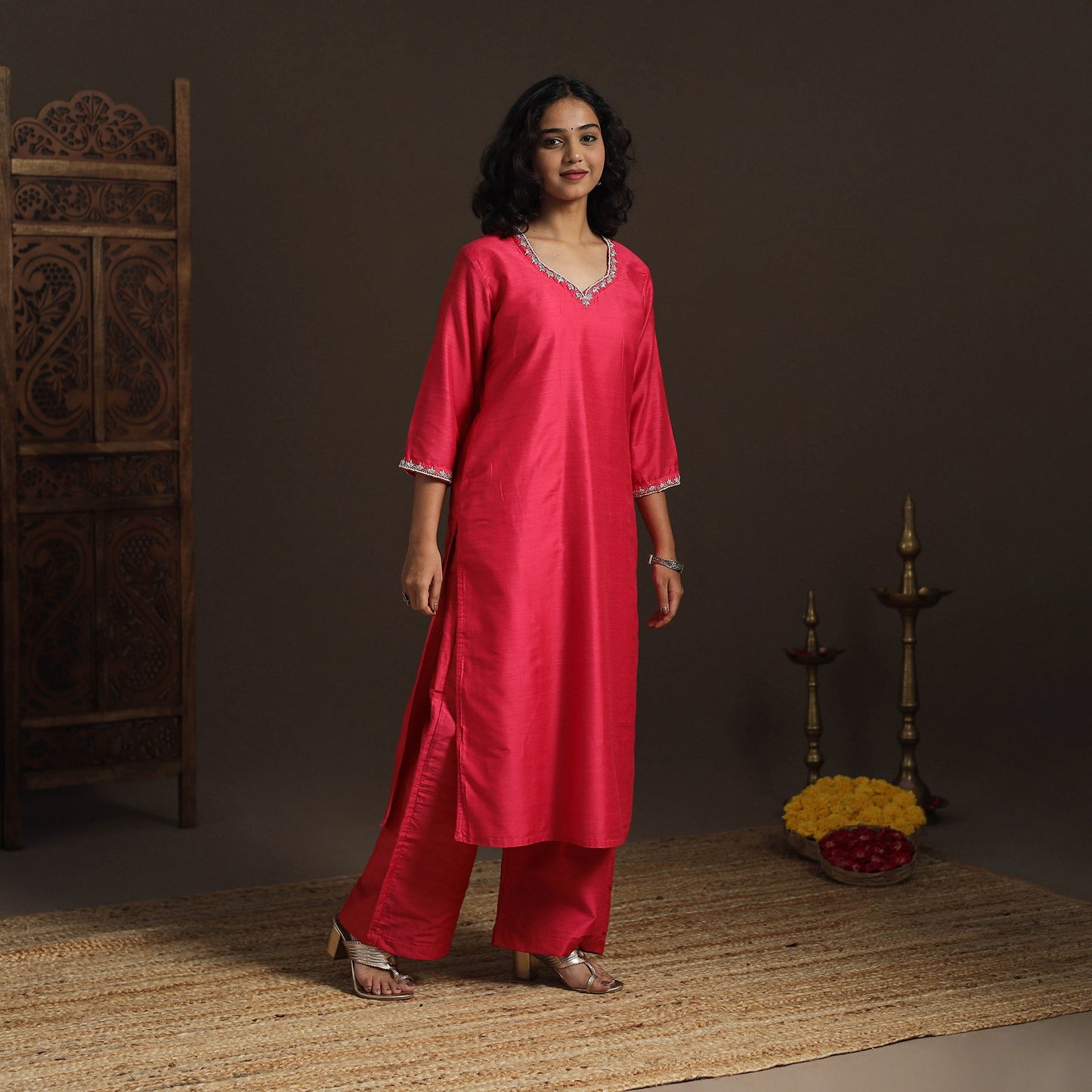 Red - pink - slub silk hand embroidered straight plain