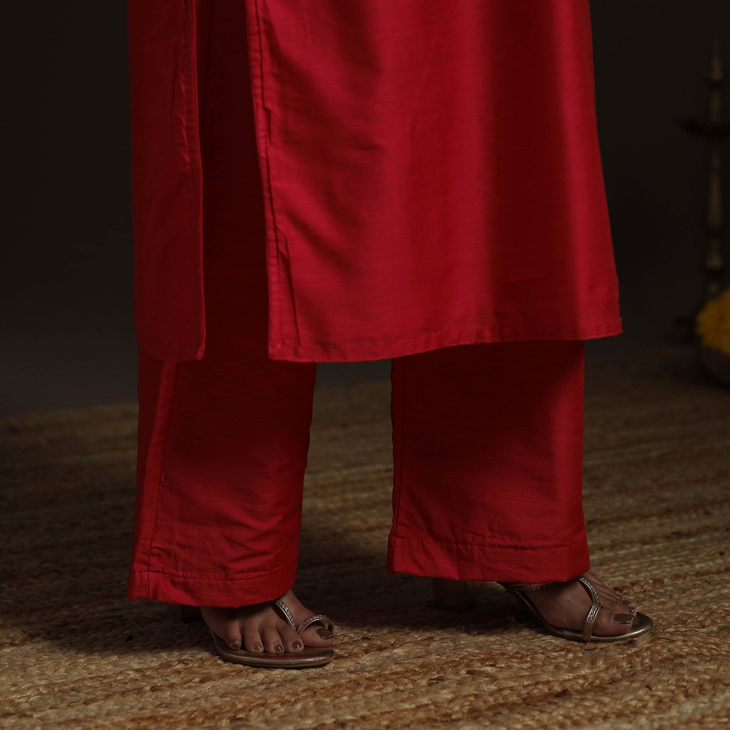 Red - pink - slub silk hand embroidered straight plain