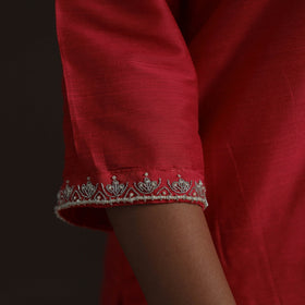 Red - pink - slub silk hand embroidered straight plain