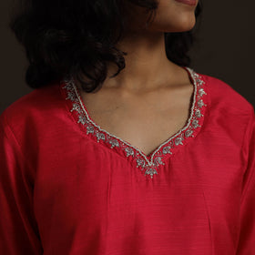 Red - pink - slub silk hand embroidered straight plain