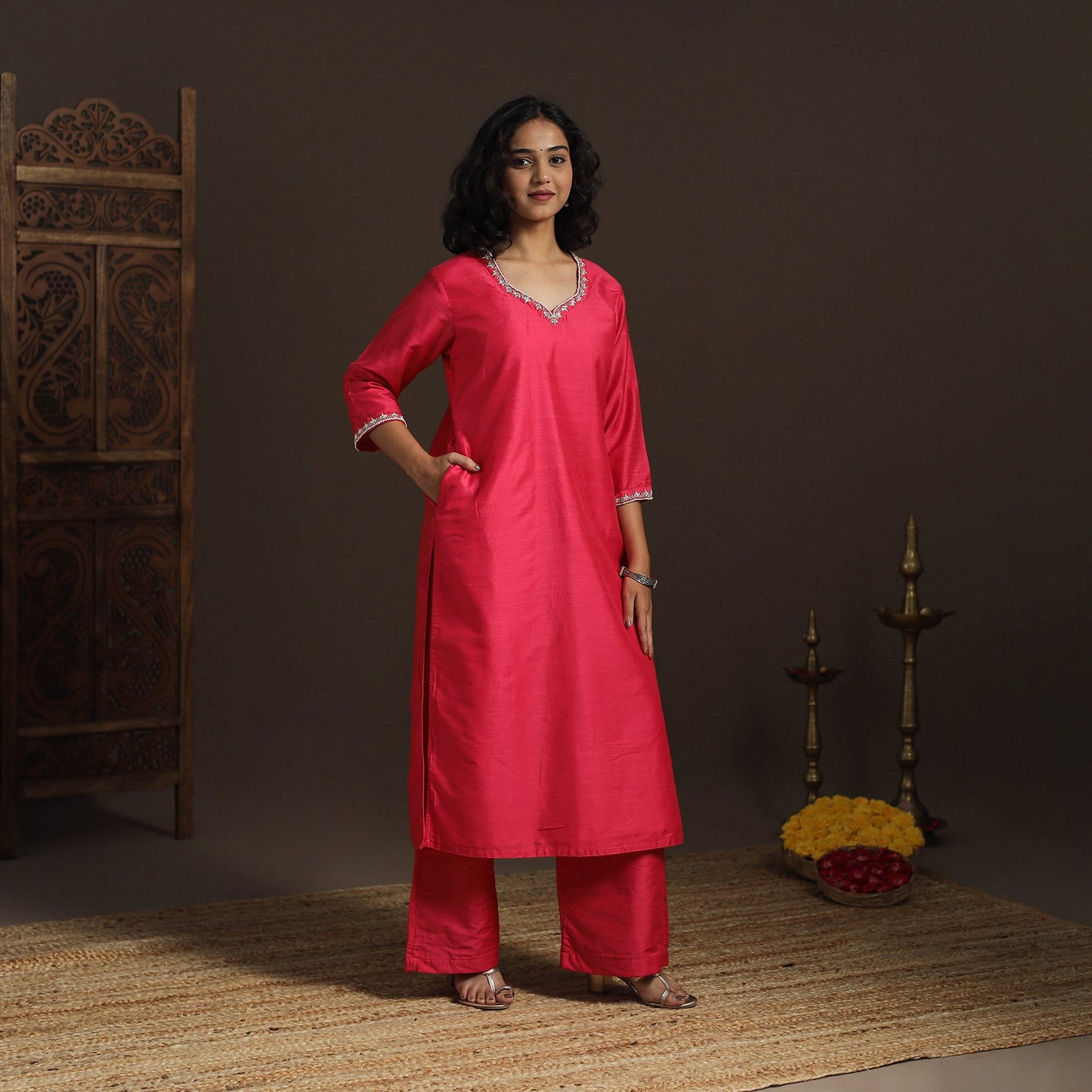 Red - pink - slub silk hand embroidered straight plain