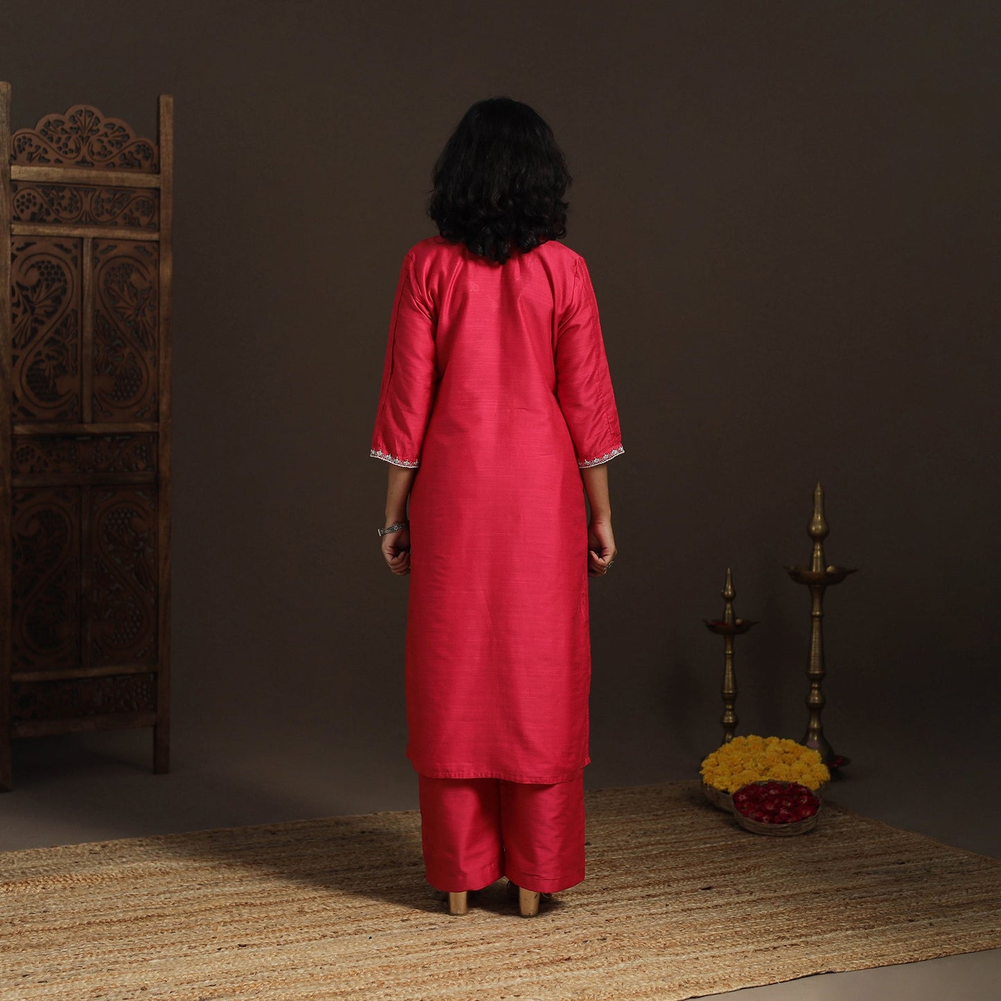 Red - pink - slub silk hand embroidered straight plain