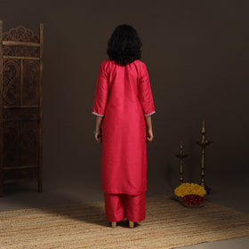 Red - pink - slub silk hand embroidered straight plain