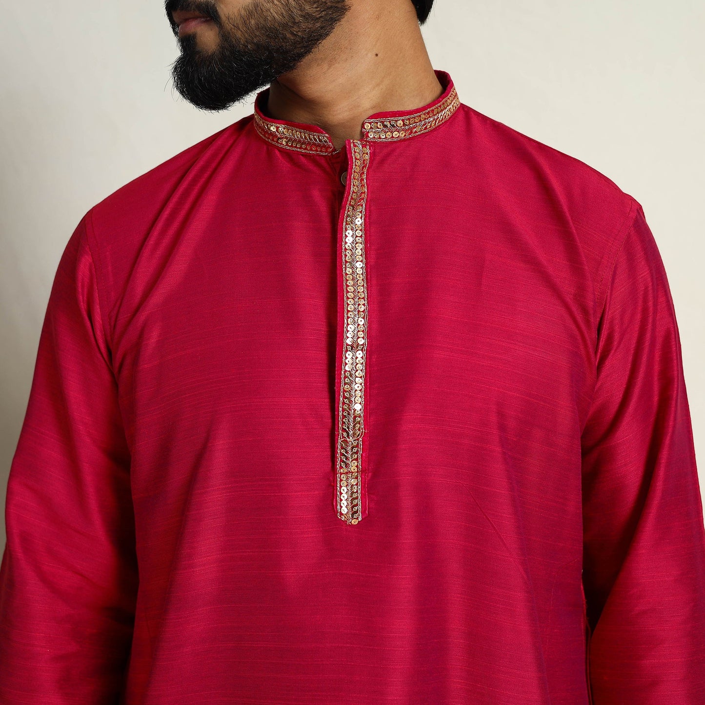 Buy Pink Slub Silk Kurta for Men with Embellished Neckline Work