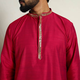 Buy Pink Slub Silk Kurta for Men with Embellished Neckline Work