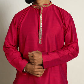 Buy Pink Slub Silk Kurta for Men with Embellished Neckline Work