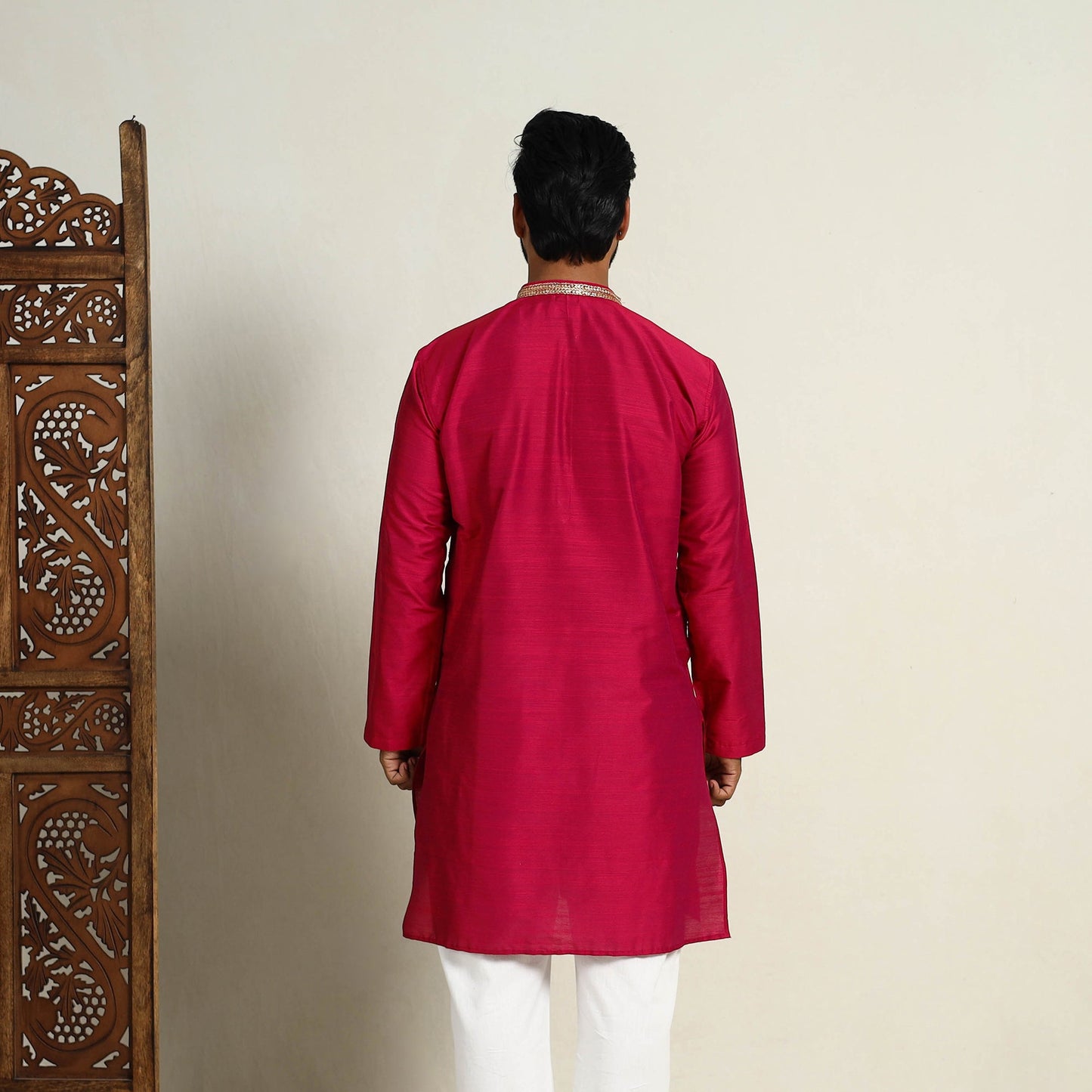 Buy Pink Slub Silk Kurta for Men with Embellished Neckline Work