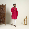 Buy Pink Slub Silk Kurta for Men with Embellished Neckline Work