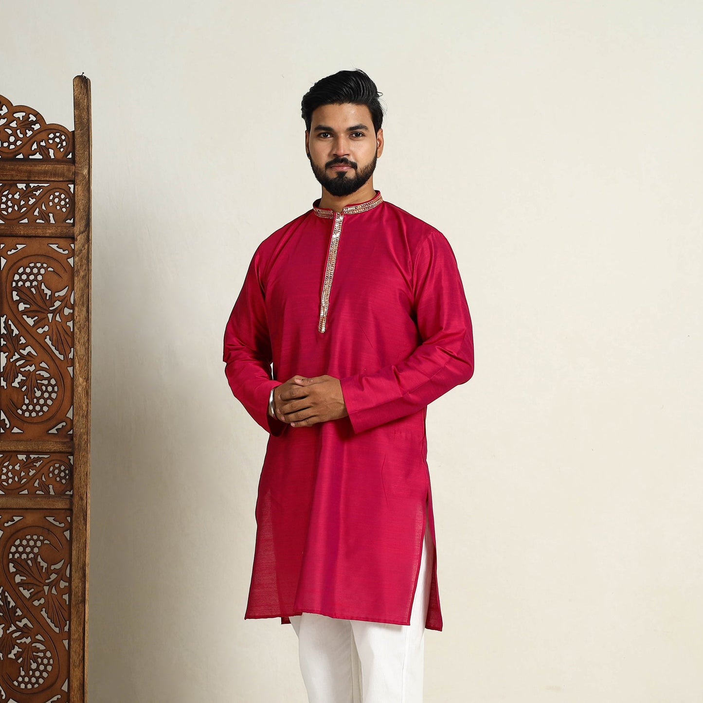 Buy Pink Slub Silk Kurta for Men with Embellished Neckline Work