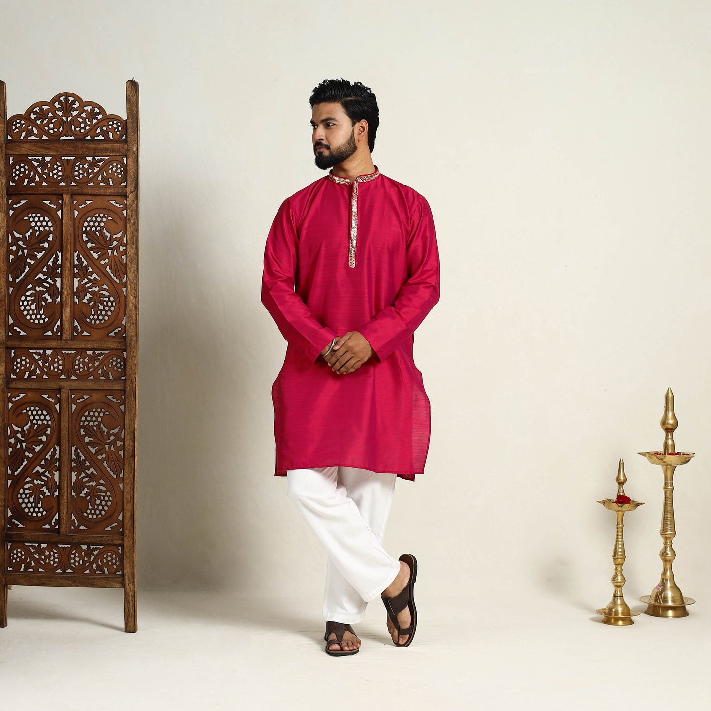 Buy Pink Slub Silk Kurta for Men with Embellished Neckline Work