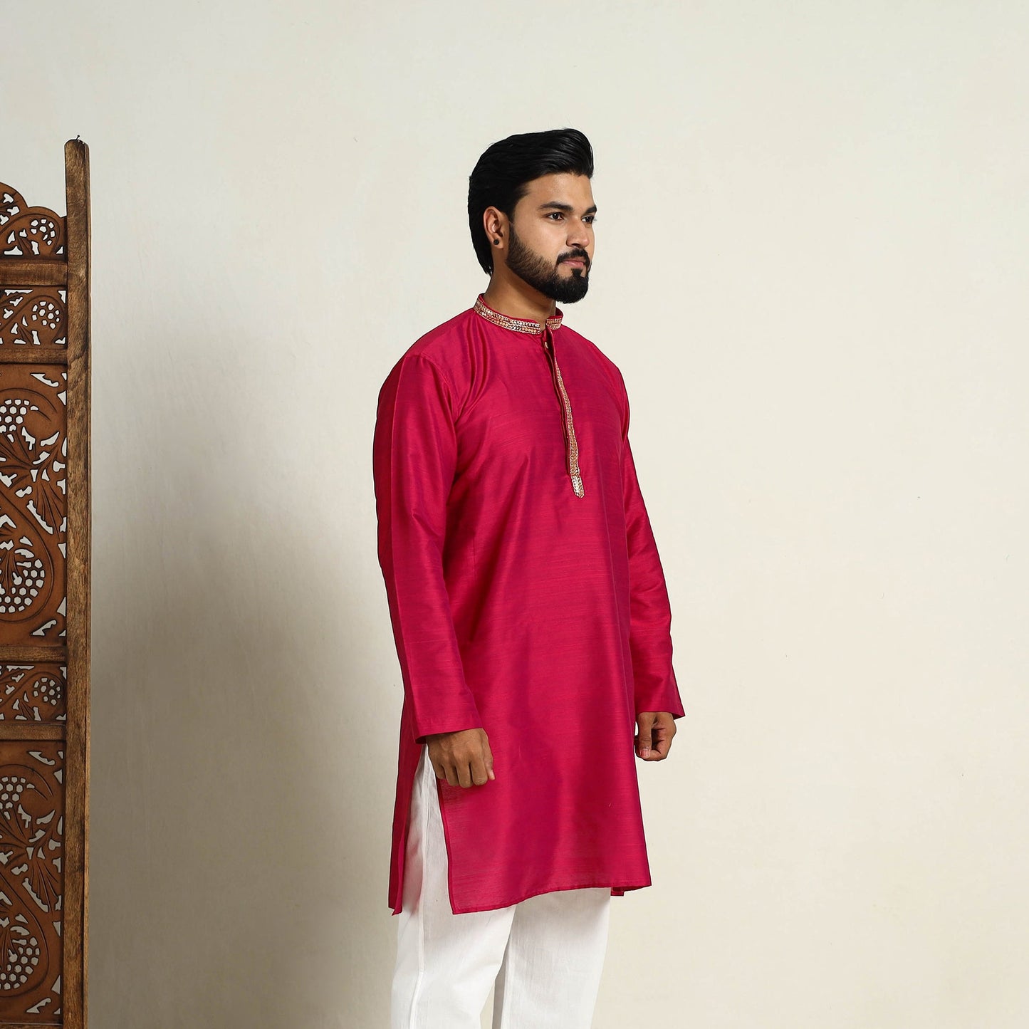 Buy Pink Slub Silk Kurta for Men with Embellished Neckline Work