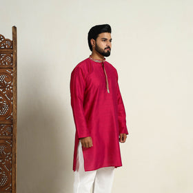 Buy Pink Slub Silk Kurta for Men with Embellished Neckline Work
