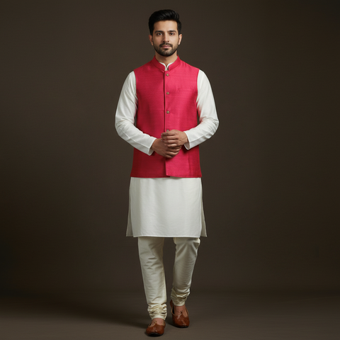 Slub silk men plain nehru jacket 05 - handcrafted