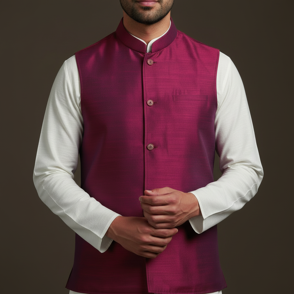 Slub silk men plain nehru jacket 09 - handcrafted
