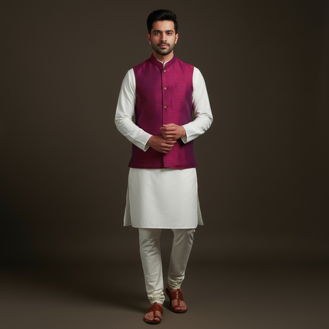 Slub silk men plain nehru jacket 09 - handcrafted