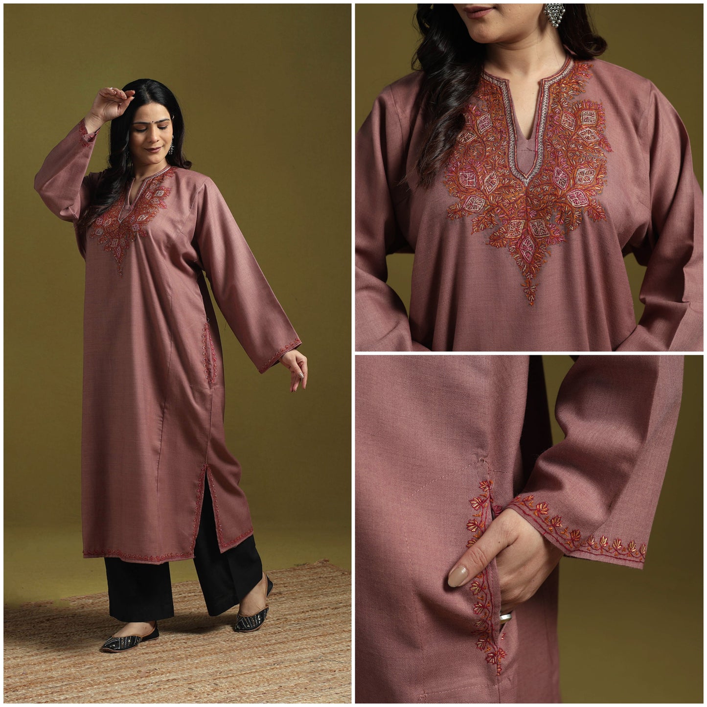 Pink - sozni hand embroidery kashmiri merino wool pheran 07
