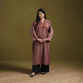 Pink - sozni hand embroidery kashmiri merino wool pheran 07