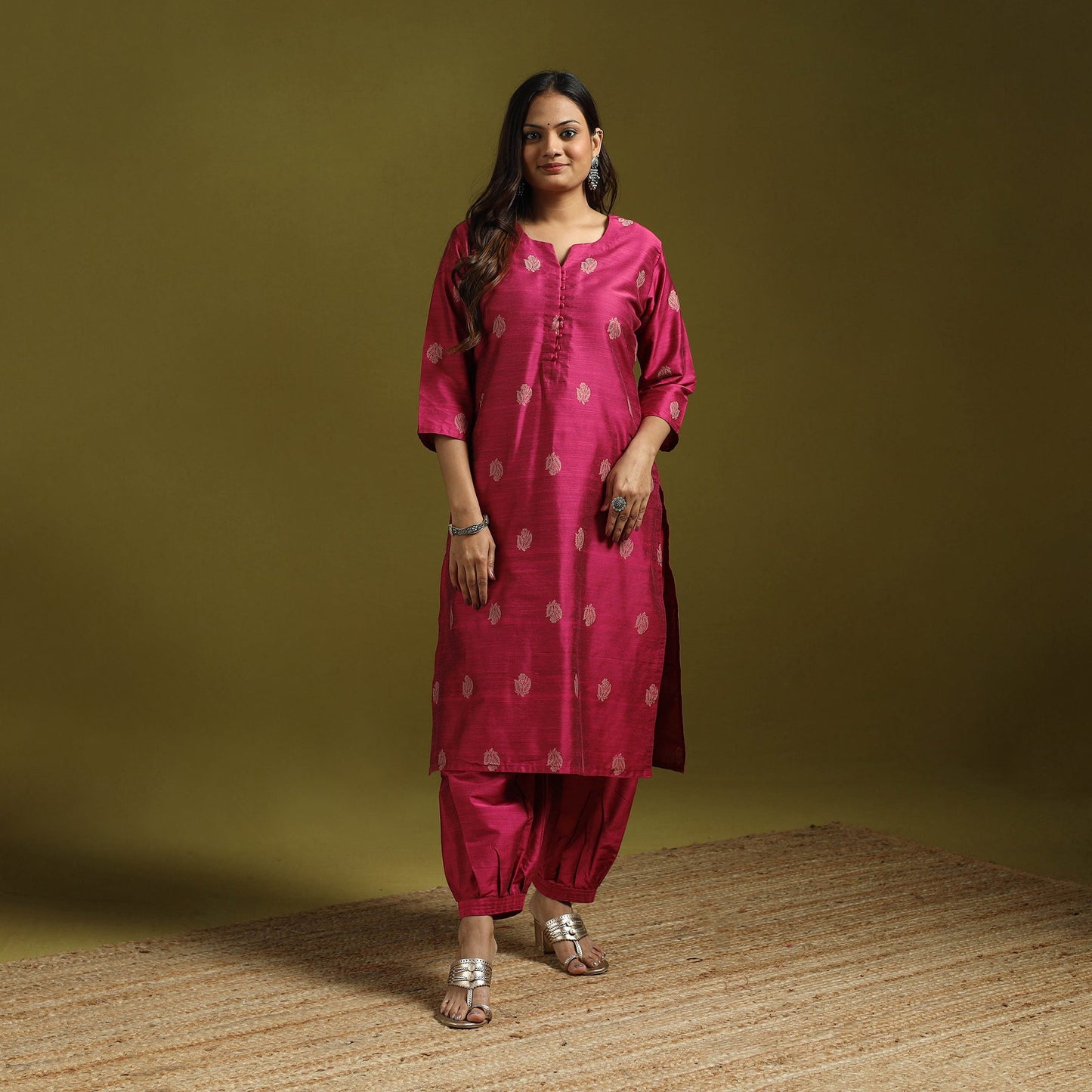 Spun dupion viscose silk thread buti 2pc kurta set