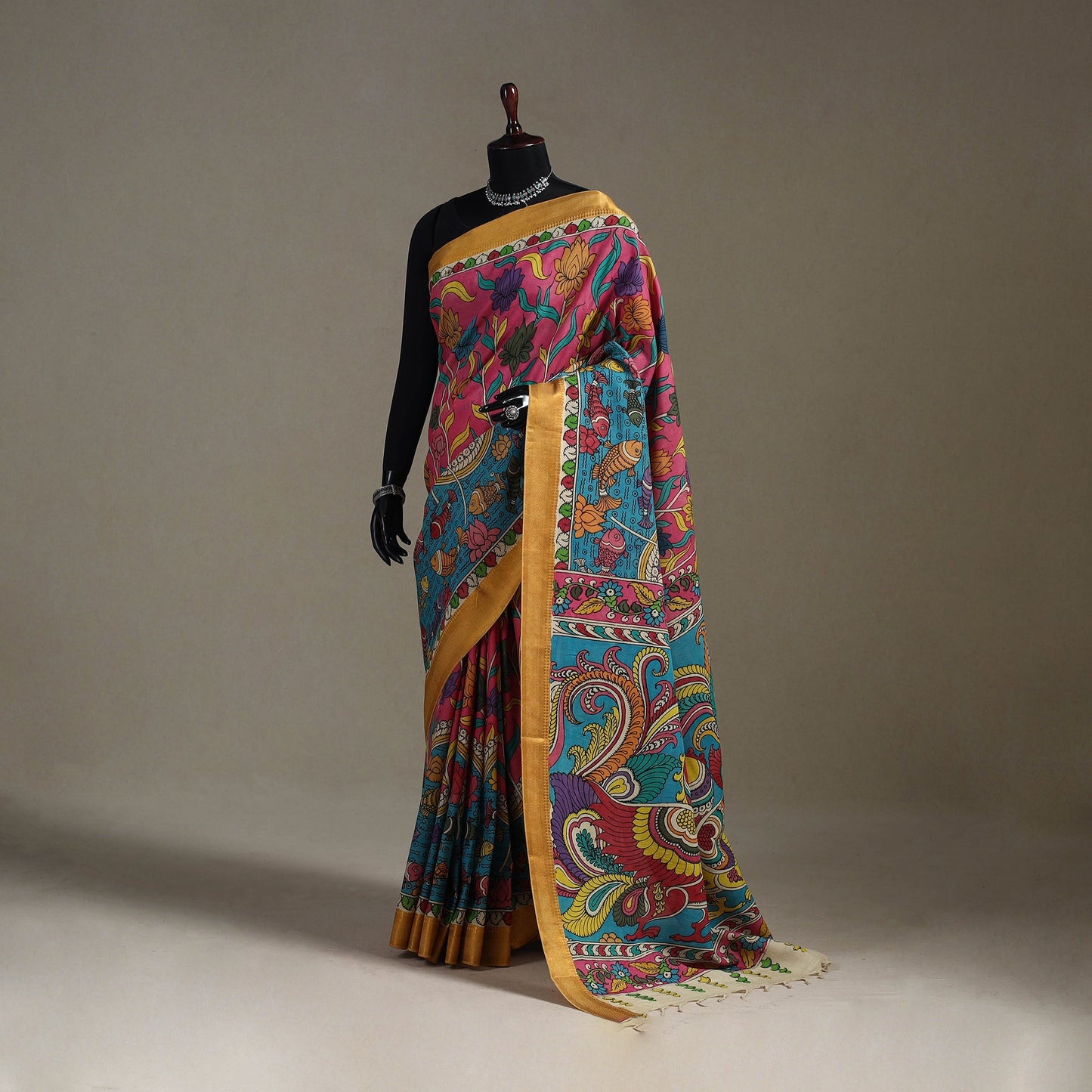 Srikalahasti handpainted natural dyed bangalore silk zari