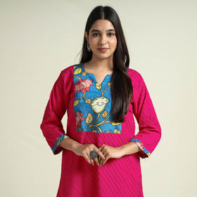 Buy Srikalahasti Kalamkari Patchwork Pintuck Plain Cotton Long Kurta Online at iTokri.com