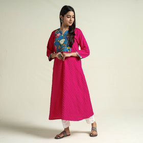 Buy Srikalahasti Kalamkari Patchwork Pintuck Plain Cotton Long Kurta Online at iTokri.com