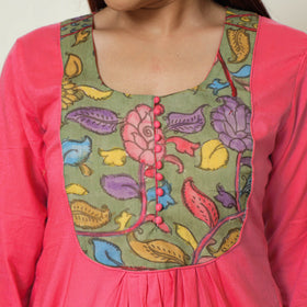 Red - Srikalahasti Kalamkari Patchwork Plain Cotton A-Line Kurta 15