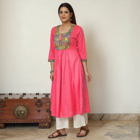 Red - Srikalahasti Kalamkari Patchwork Plain Cotton A-Line Kurta 15