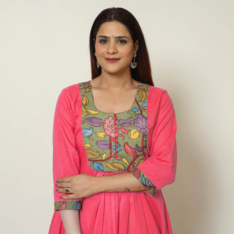 Red - Srikalahasti Kalamkari Patchwork Plain Cotton A-Line Kurta 15