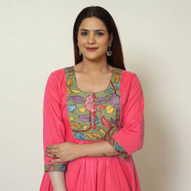Red - Srikalahasti Kalamkari Patchwork Plain Cotton A-Line Kurta 15