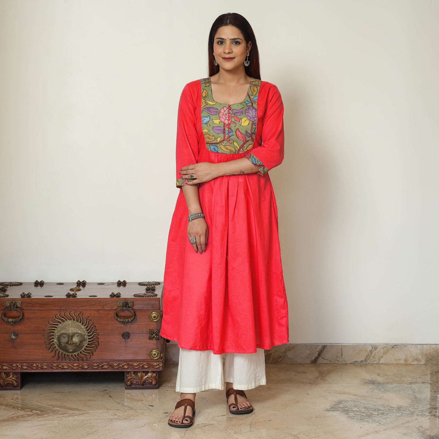 Buy Srikalahasti Kalamkari Patchwork Plain Cotton A-Line Kurta 14 Online at iTokri.com