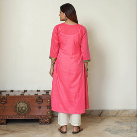 Red - Srikalahasti Kalamkari Patchwork Plain Cotton A-Line Kurta 15