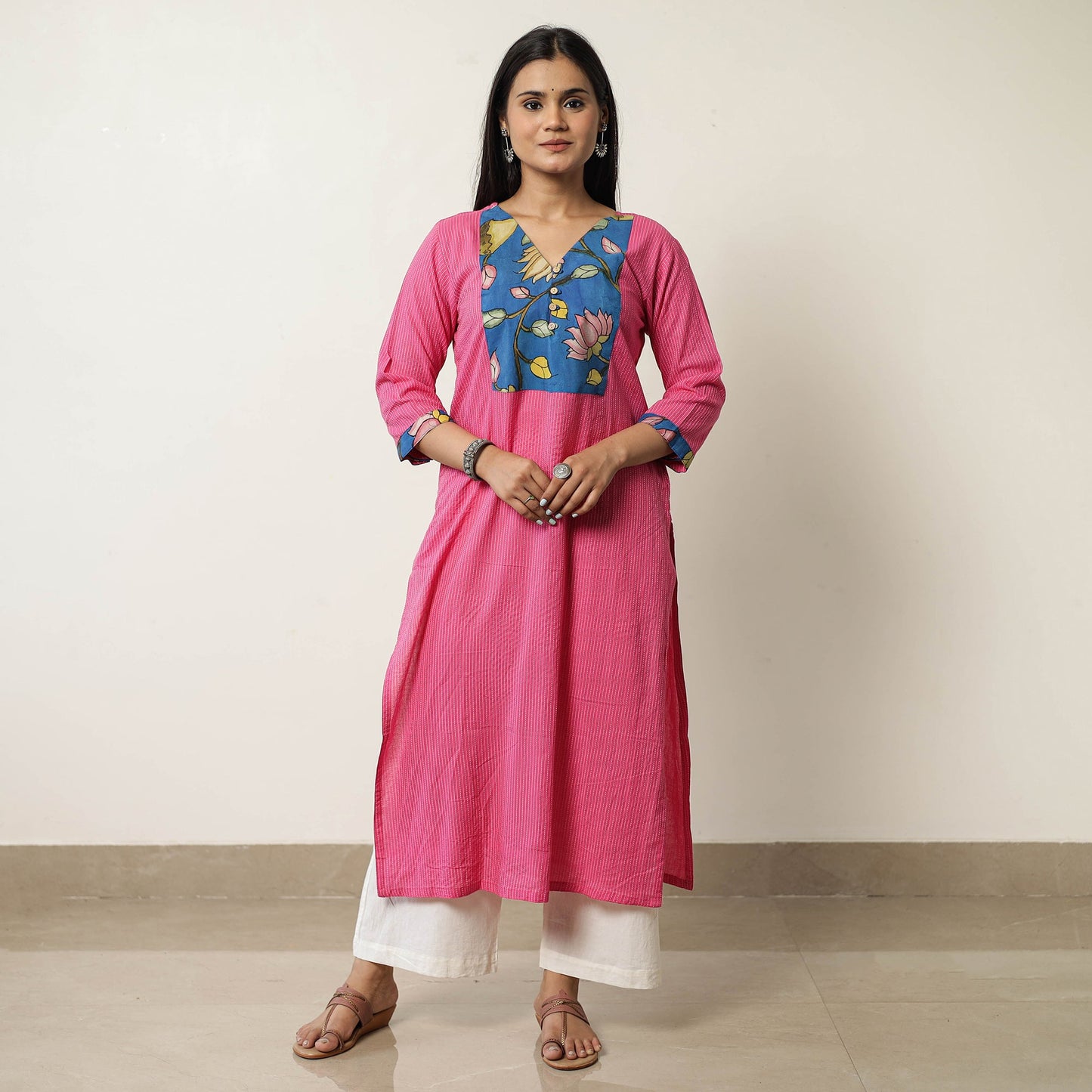  Srikalahasti Kalamkari Patchwork Plain Running Stitch Cotton Long Kurta 38 Online at iTokri.com