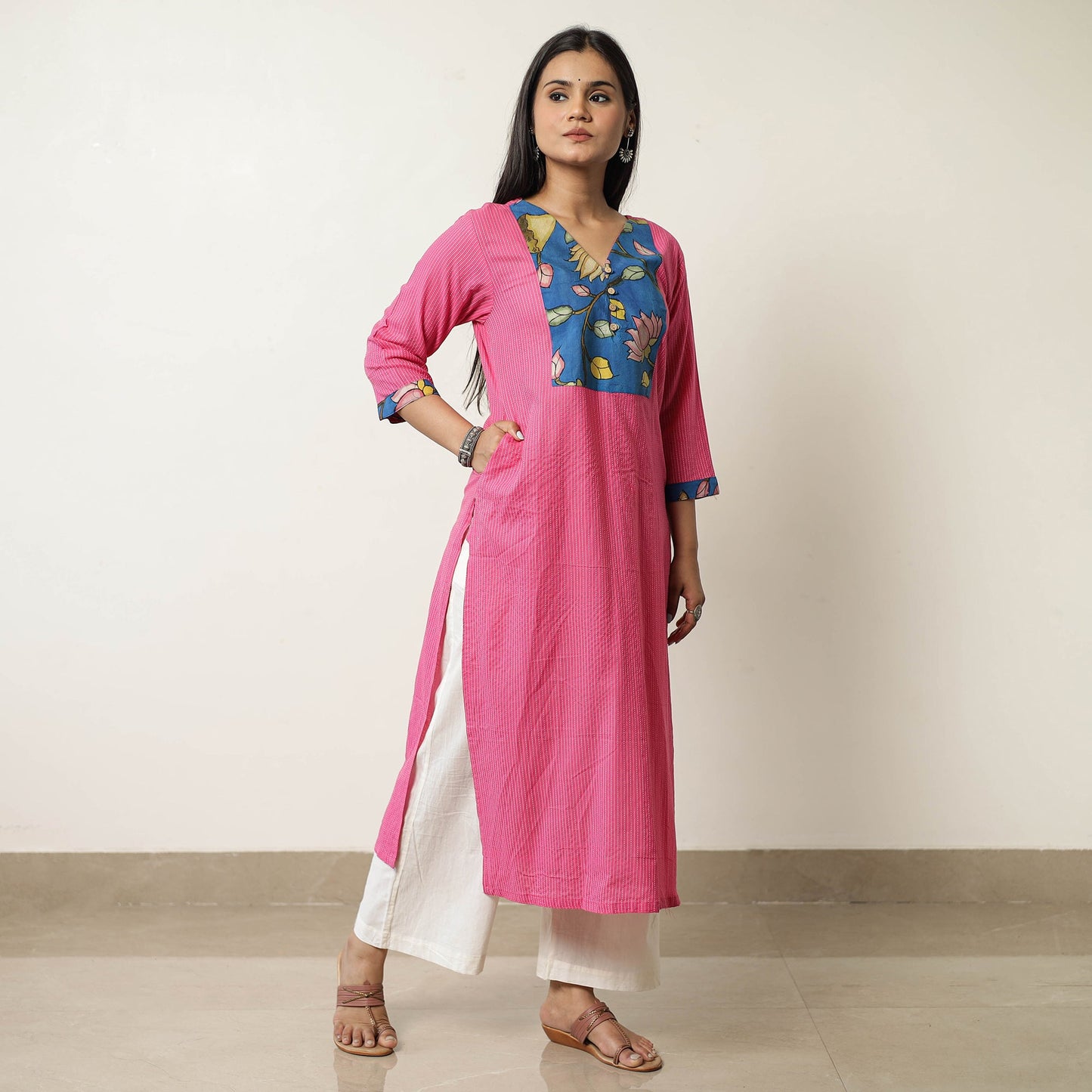  Srikalahasti Kalamkari Patchwork Plain Running Stitch Cotton Long Kurta 38 Online at iTokri.com
