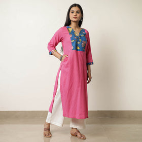  Srikalahasti Kalamkari Patchwork Plain Running Stitch Cotton Long Kurta 38 Online at iTokri.com