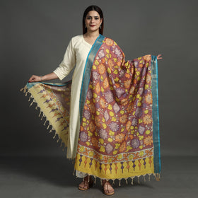 Srikalahasti Pen Work Kalamkari Cotton Handpainted Zari Border Dupatta with Tassels 105