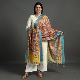 Srikalahasti Pen Work Kalamkari Cotton Handpainted Zari Border Dupatta with Tassels 105