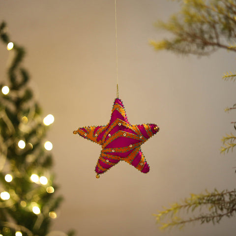 Pink - star - hand embroidered felt christmas decor