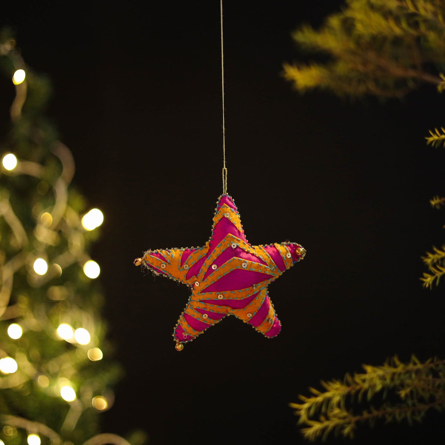 Pink - star - hand embroidered felt christmas decor