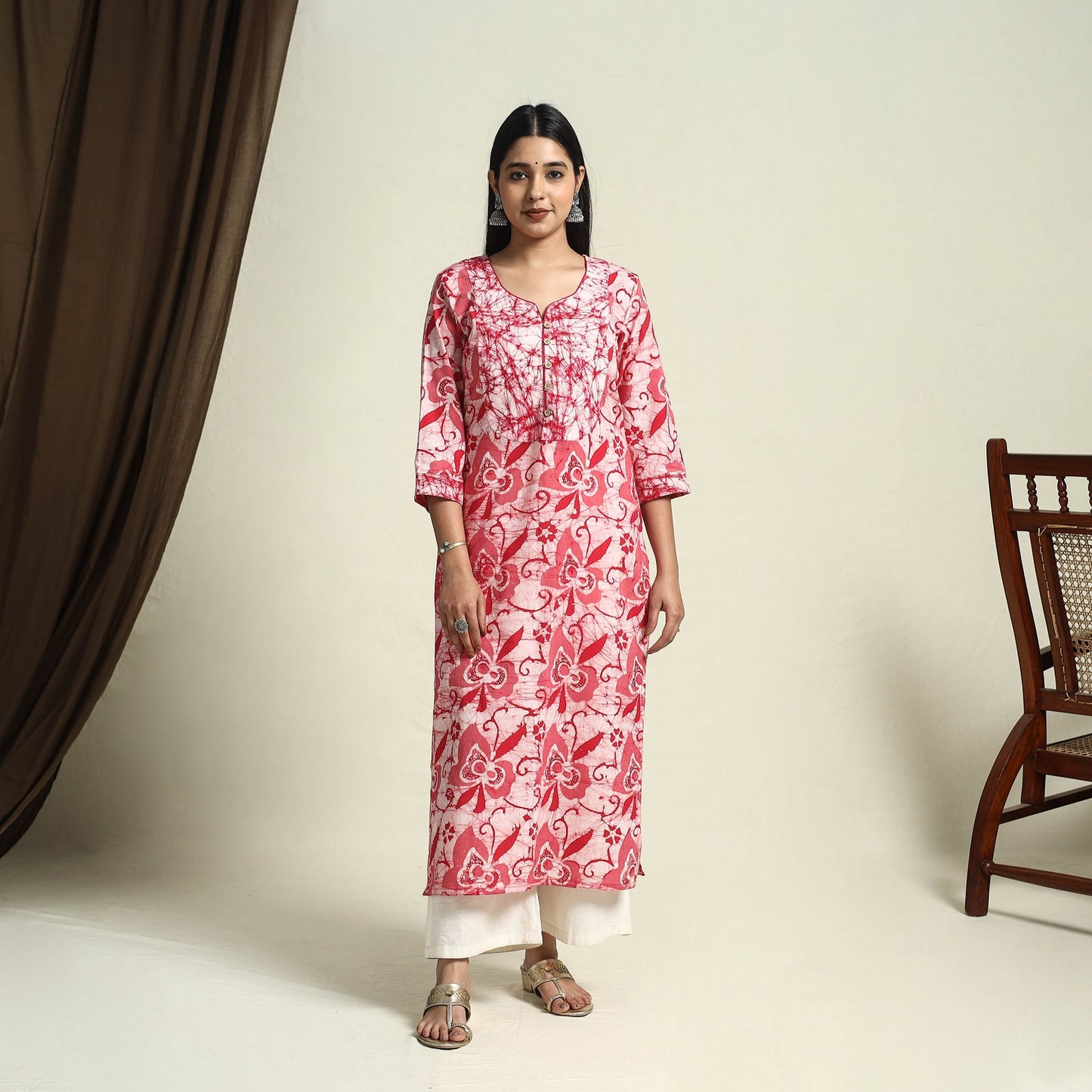 Buy Pink Straight Batik Print Cotton Kurta for Women