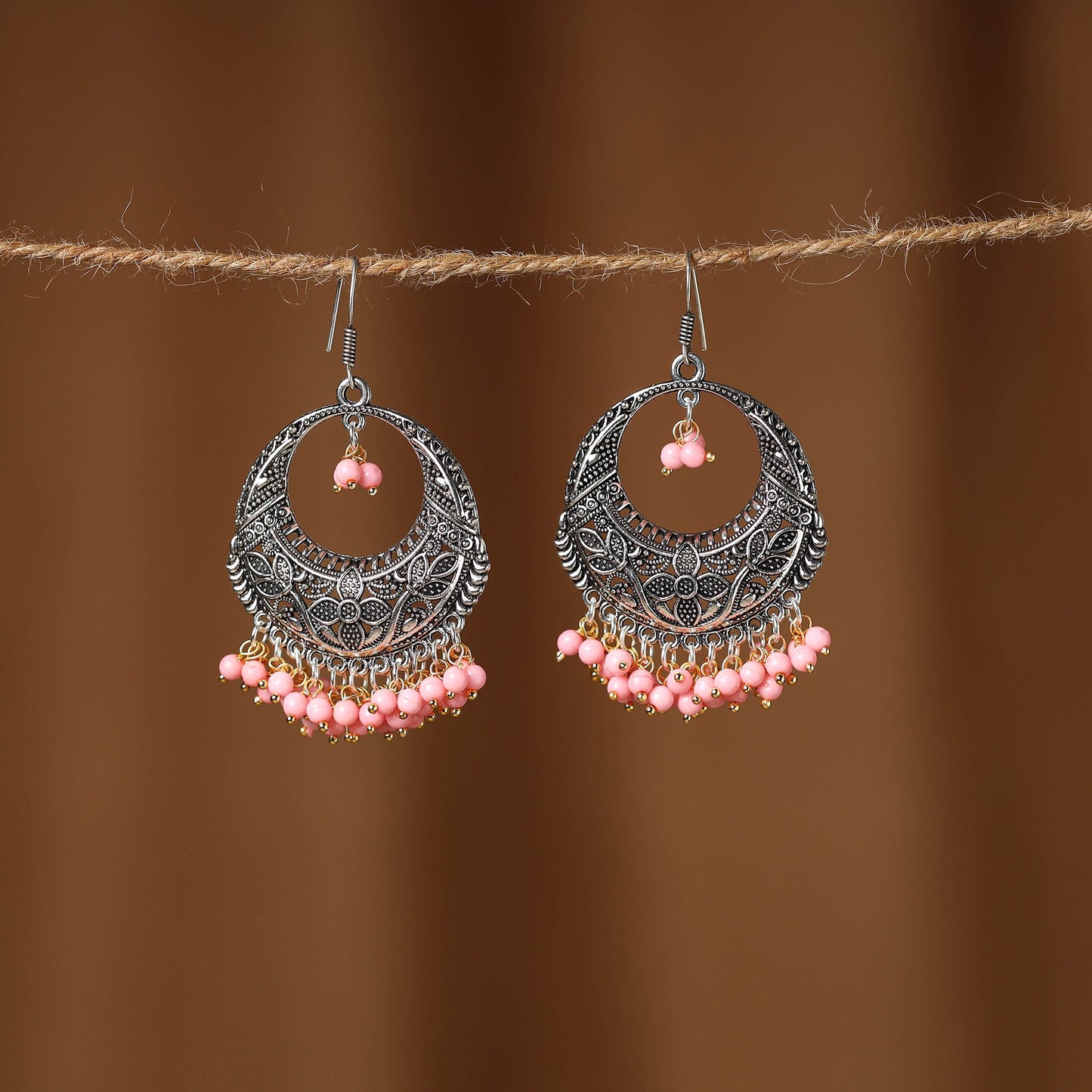 Pink - suhani german silver beaded earrings - handcrafted