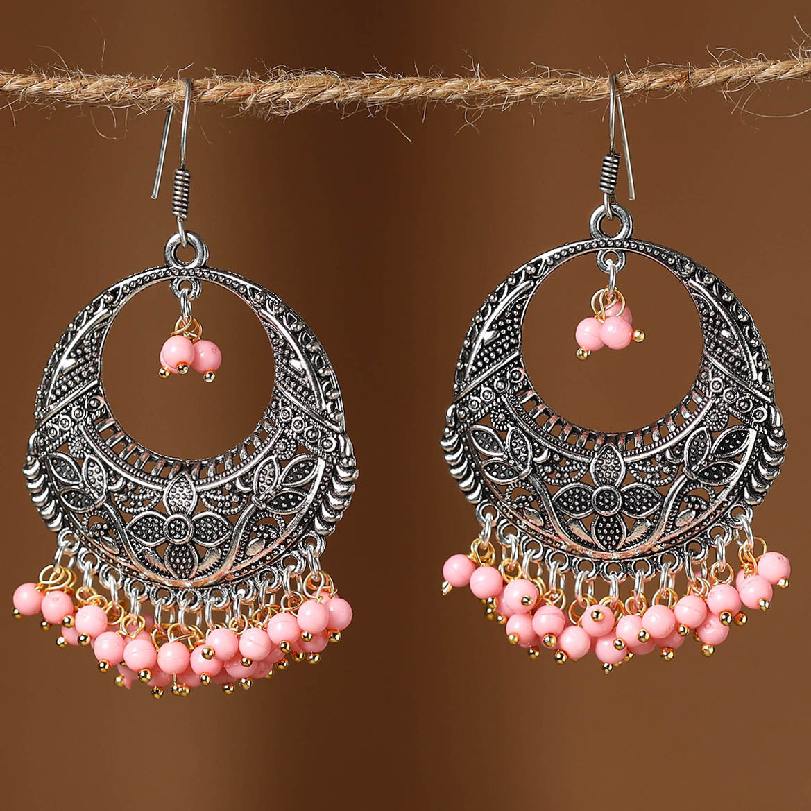 Pink - suhani german silver beaded earrings - handcrafted
