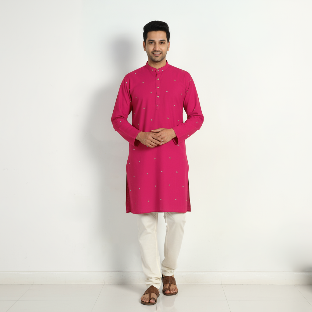 Pink - thread buti cotton long plain kurta for men 01