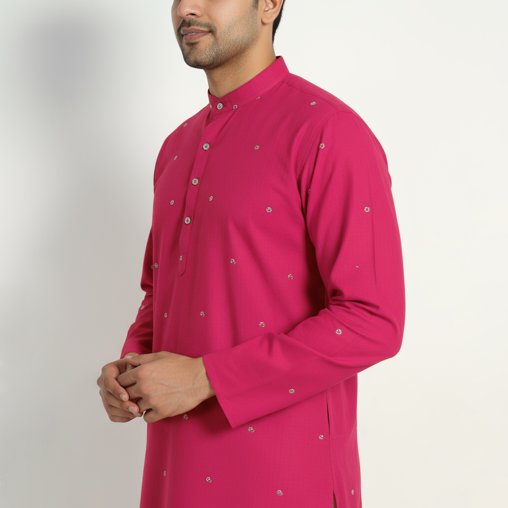 Pink - thread buti cotton long plain kurta for men 01