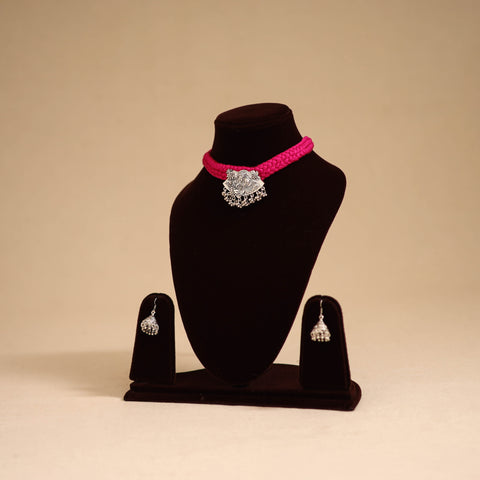 Pink - thread work german silver necklace set 07