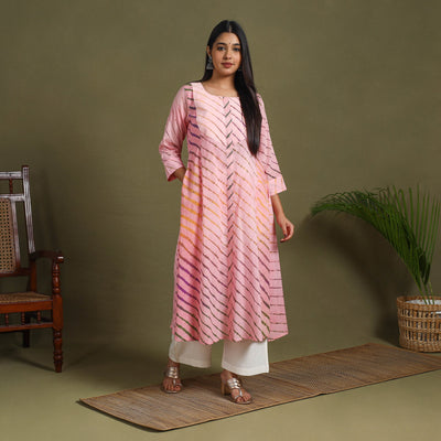 Pink Tie-Dye Cotton A-Line Leheriya Kurta