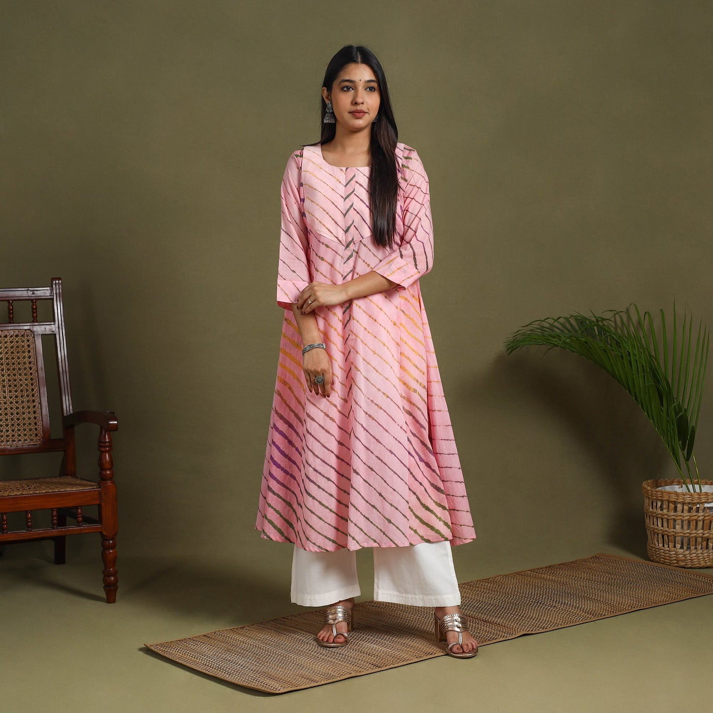Pink Tie-Dye Cotton A-Line Leheriya Kurta