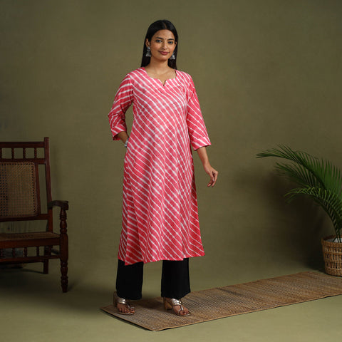  Pink Tie-Dye Cotton A-Line Leheriya Kurta