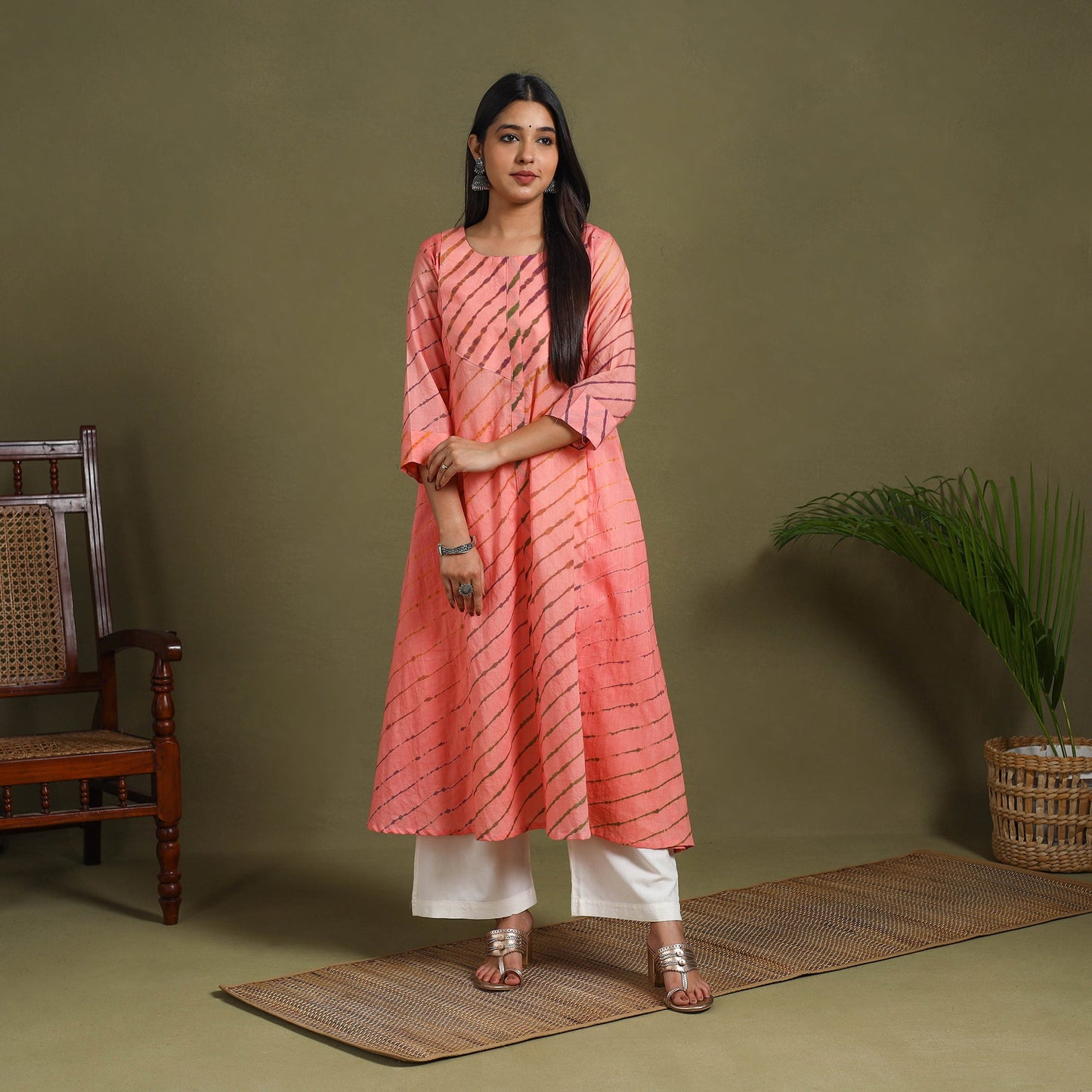 Pink Tie-Dye Cotton A-Line Leheriya Kurta