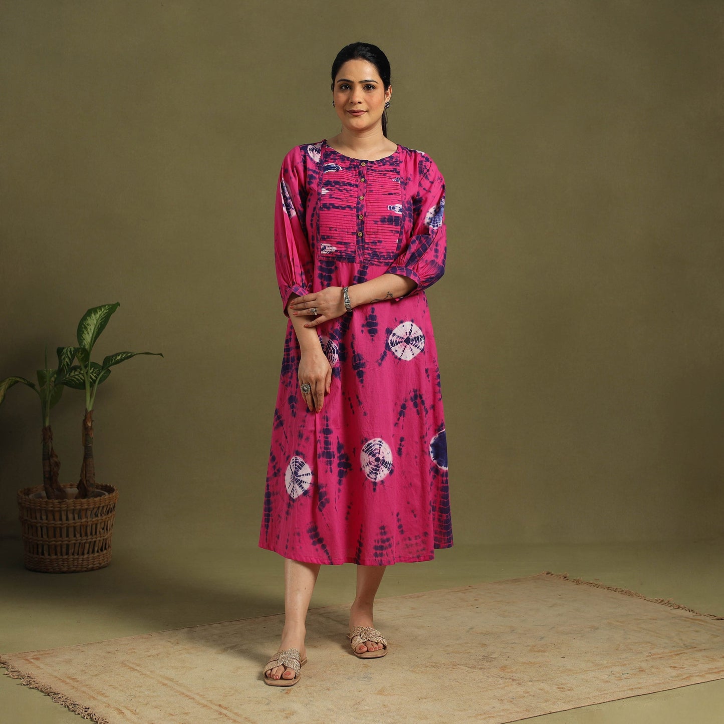 Pink Tie-Dye Cotton Pintuck Shibori Dress